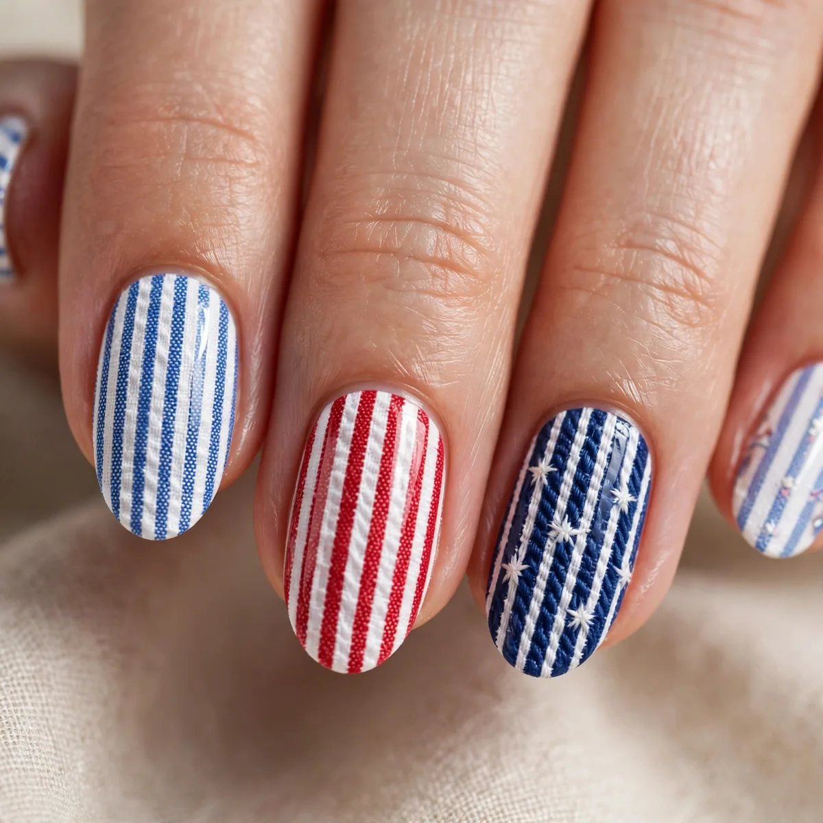 Seersucker stripe fourth of july nail art