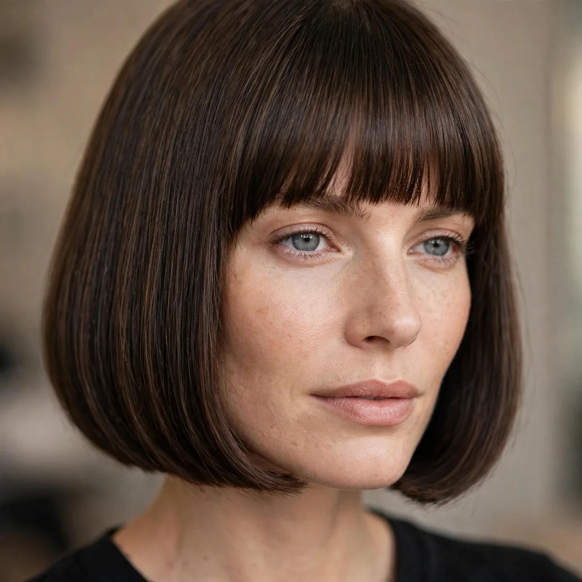Classic French bob cut at lip length with straight bangs
