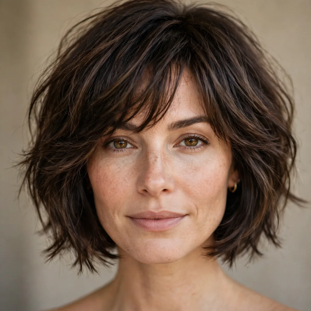 Tousled layered French bob with piece-y texture