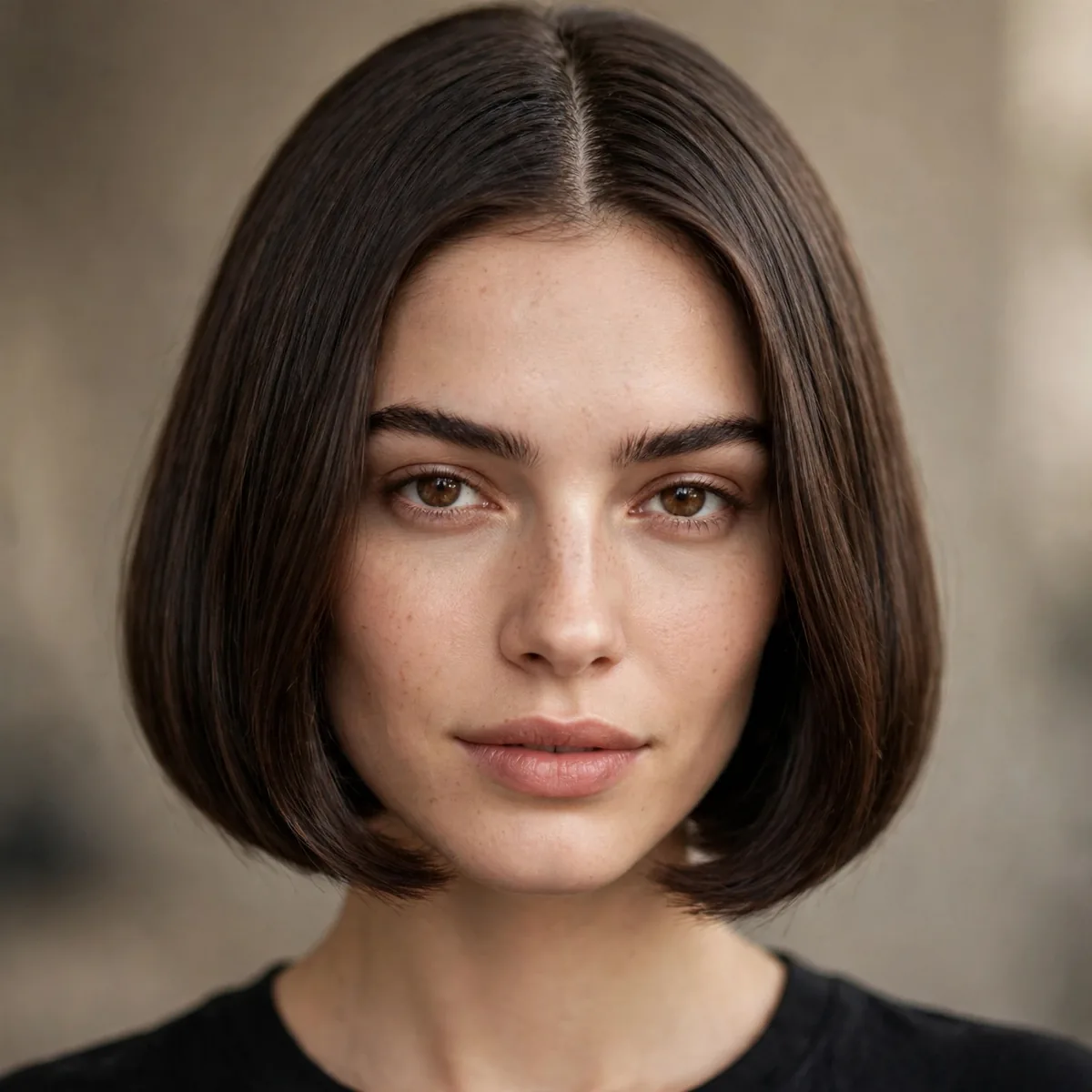 French bob with a clean middle part and no bangs