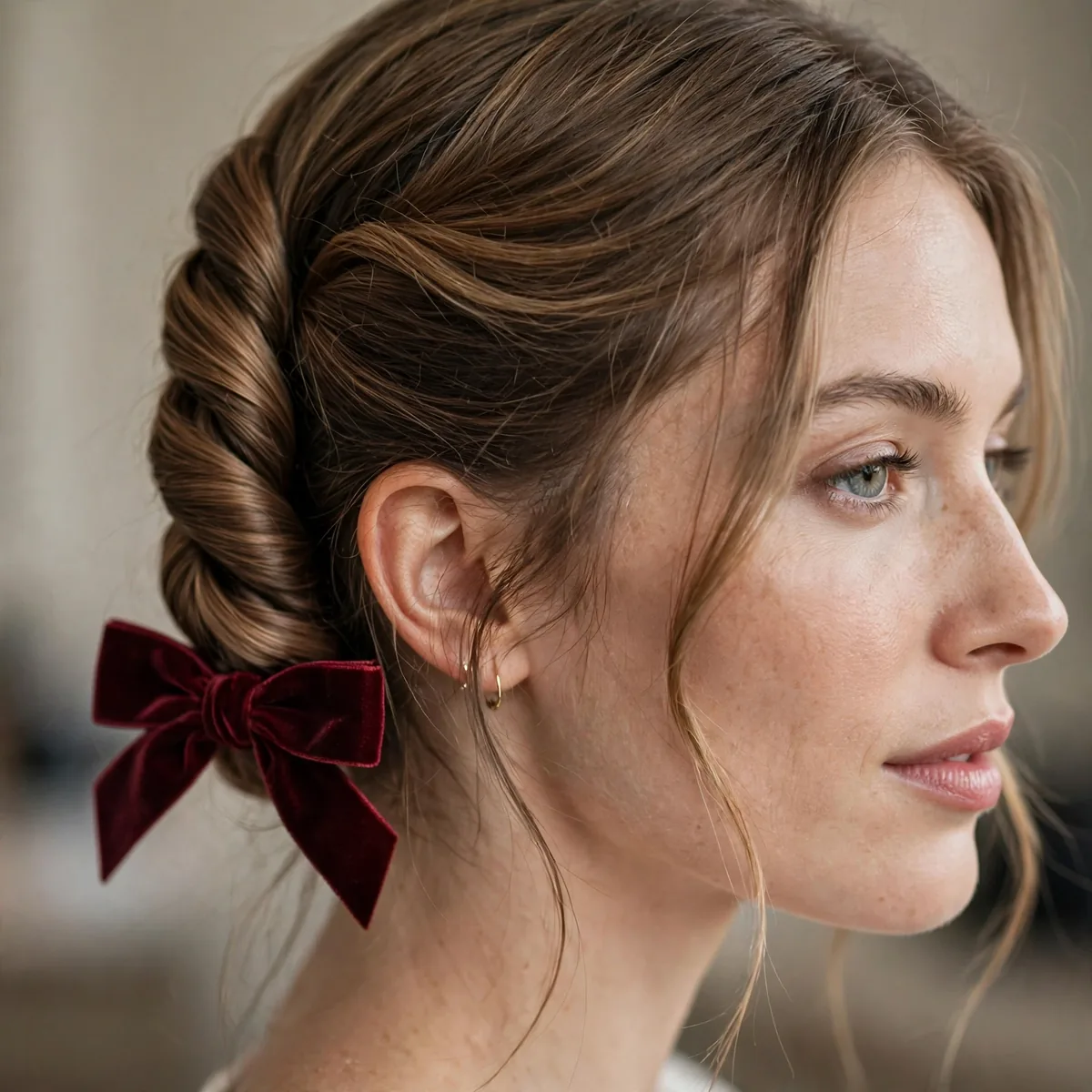 French twist finished with a velvet bow accessory