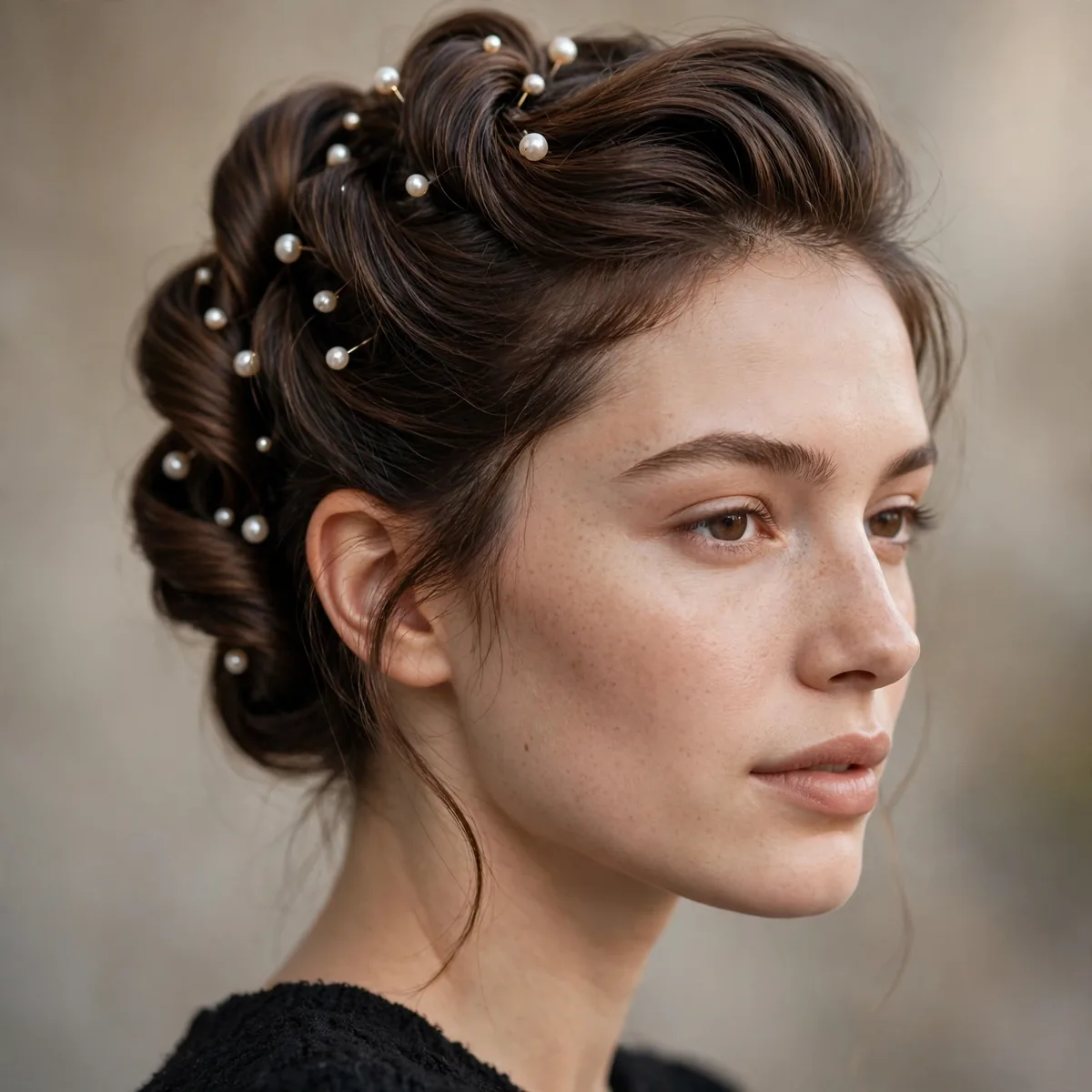 French twist decorated with scattered pearl pins