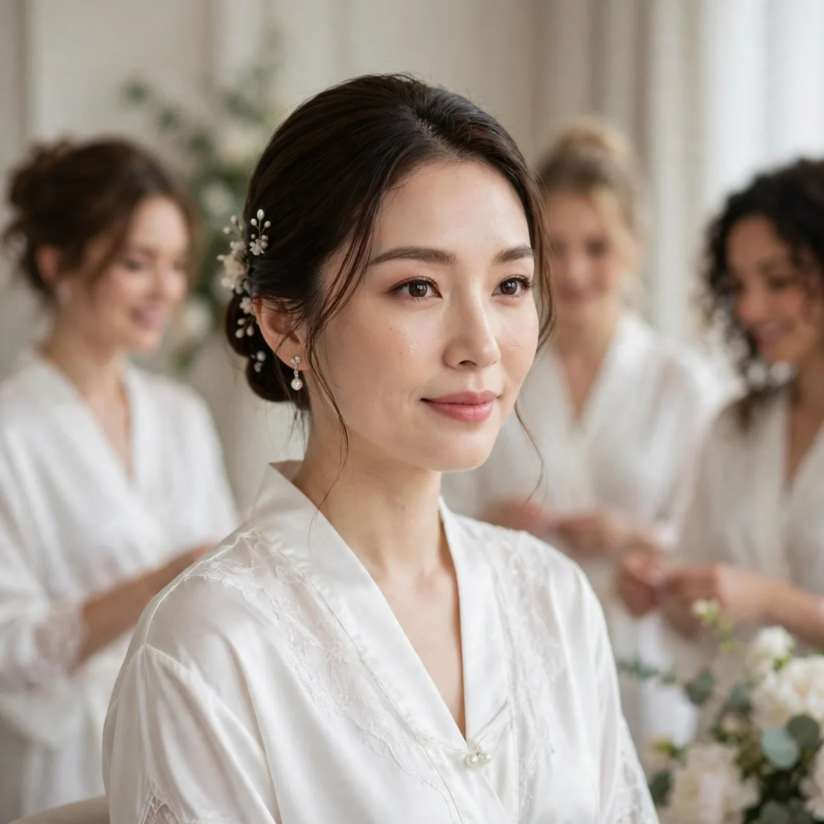 Bridal party in white getting ready outfits