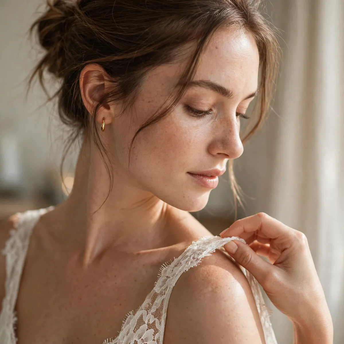 Bride changing into wedding dress