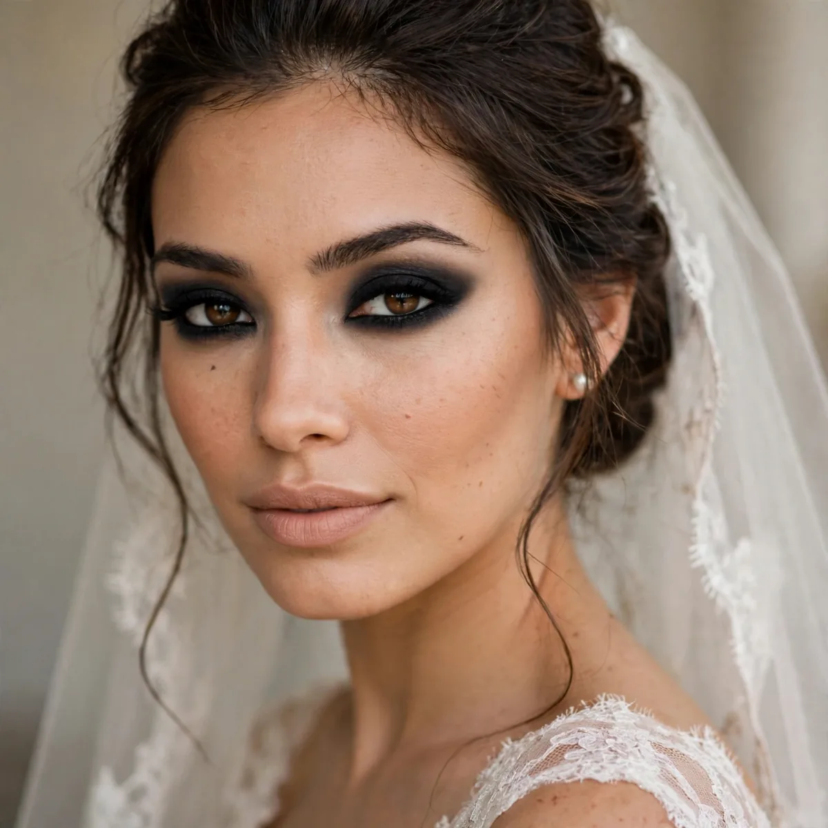 Bride with a dramatic black smokey eye and nude lips