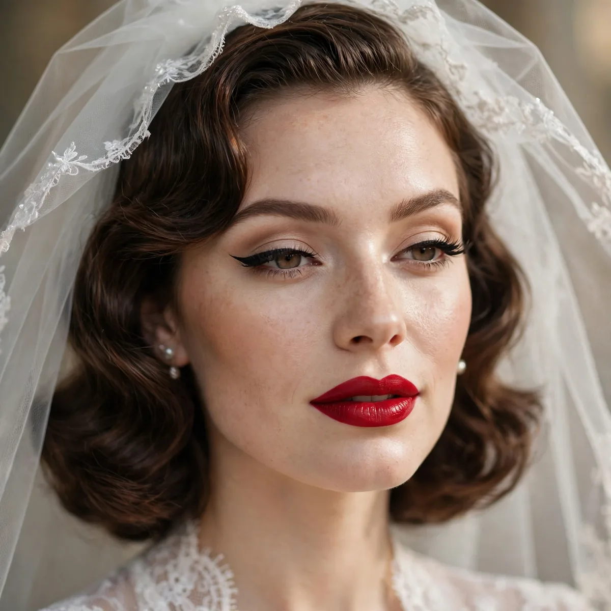 Bride with classic red lips and vintage Hollywood glam makeup