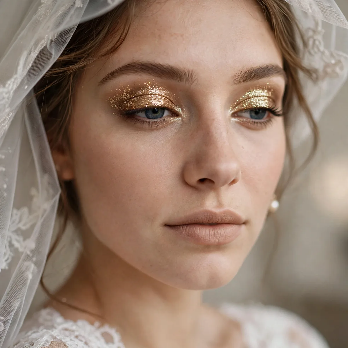 Bride with a glittering gold eyeshadow lid and neutral lips