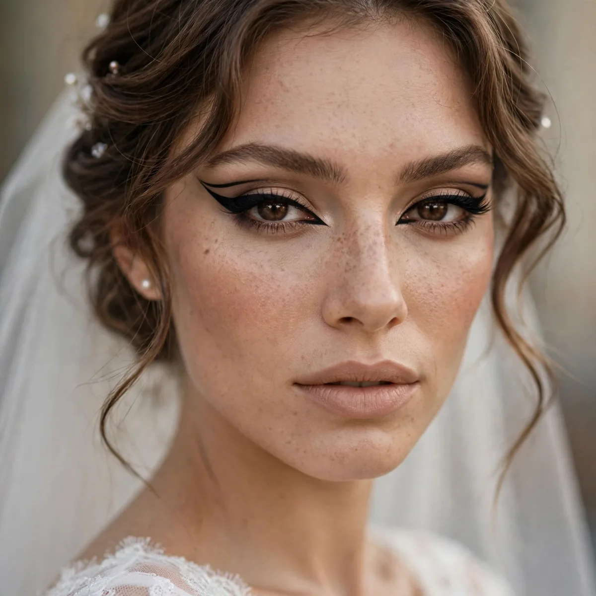Bride with an elongated foxy winged eyeliner and nude lip