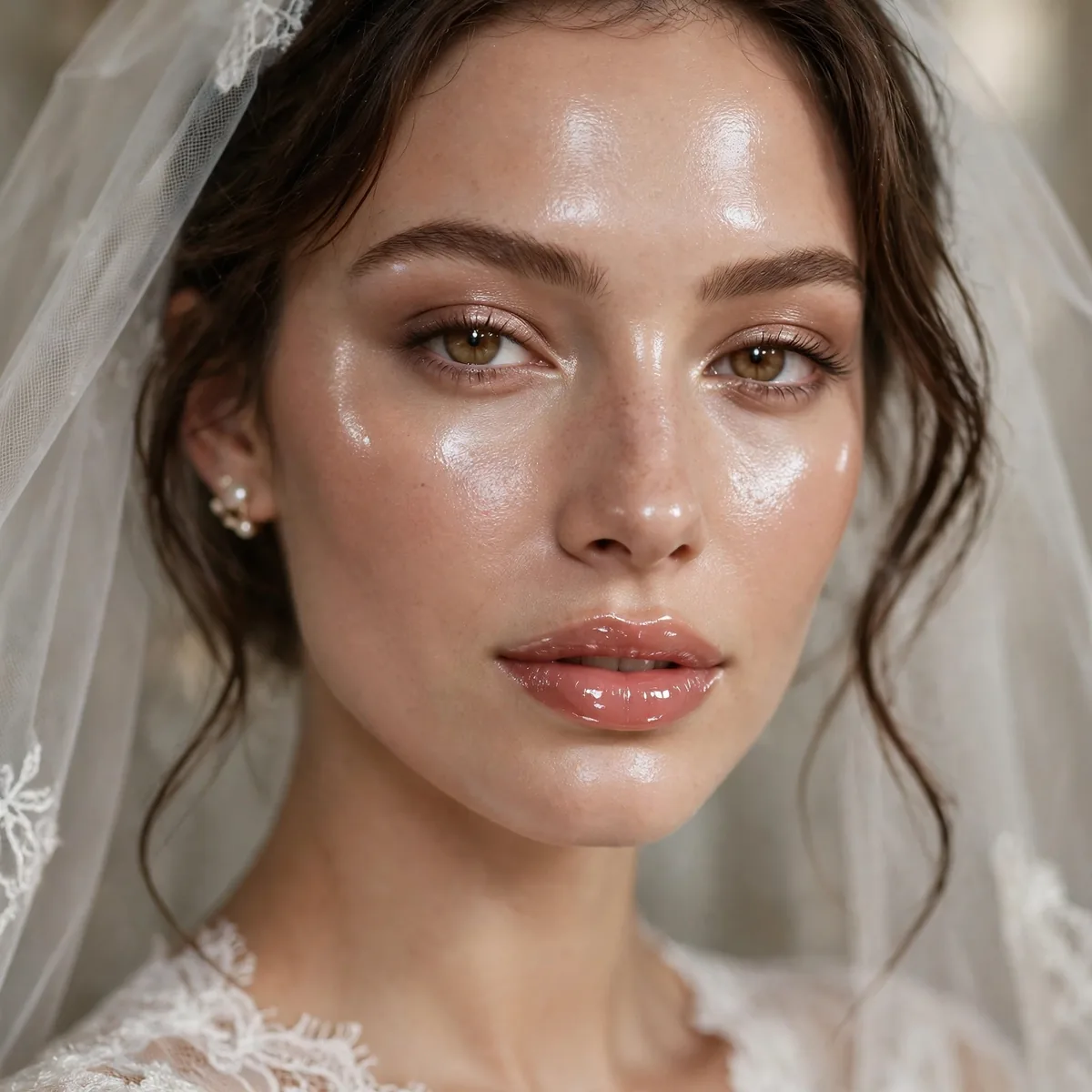 Bride with glossy lips, glass skin and wet-look highlighter