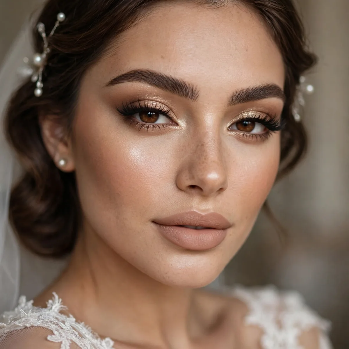 Bride with a perfect nude lip and full glam sculpted makeup