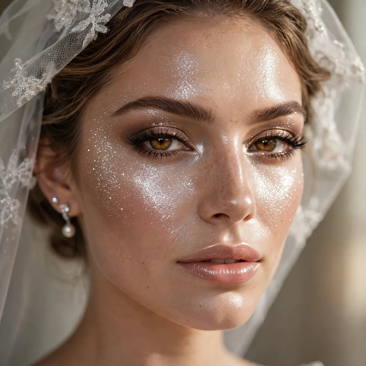 Bride with intense diamond-like highlighter and full glam makeup