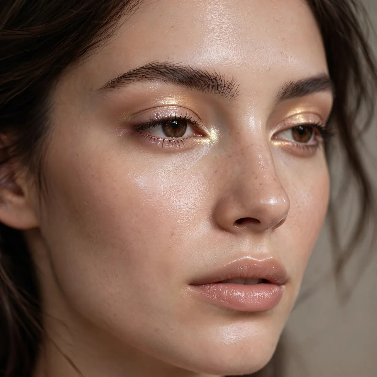 Subtle glowing eye makeup glass skin