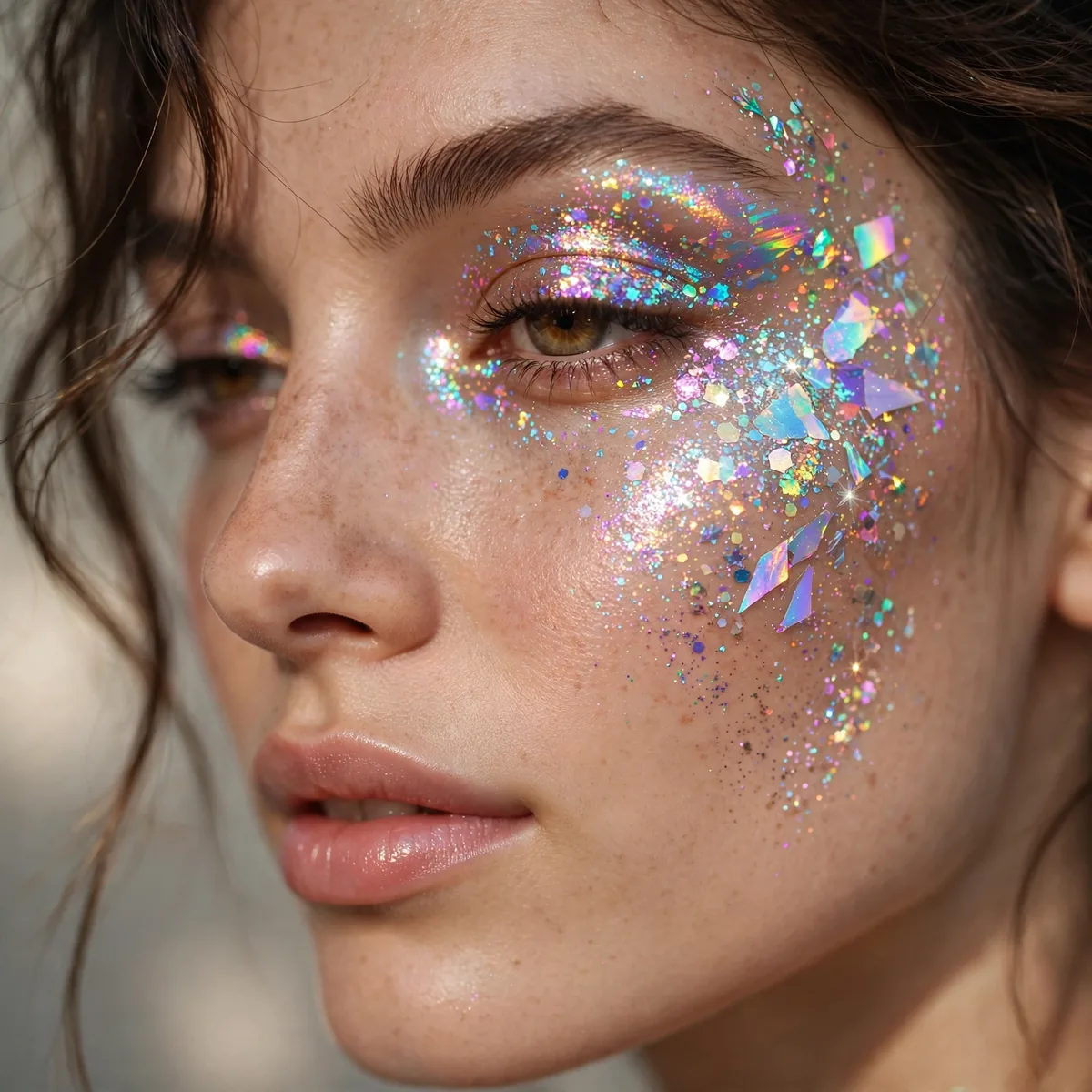 Holographic glitter festival makeup