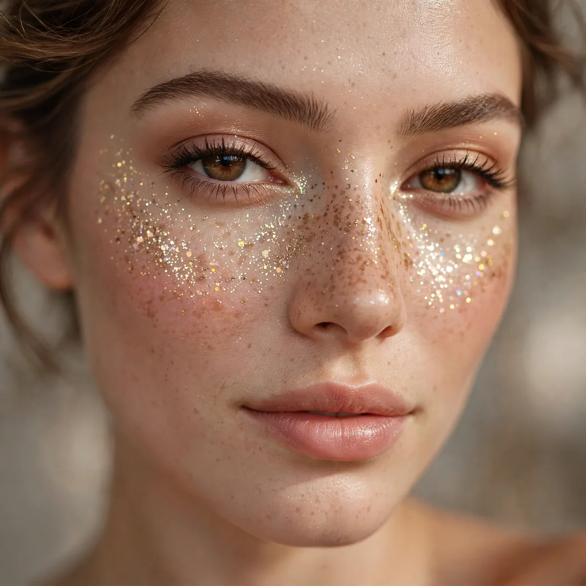 Glitter freckles festival makeup