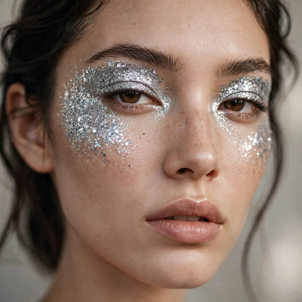 Silver disco glitter festival makeup