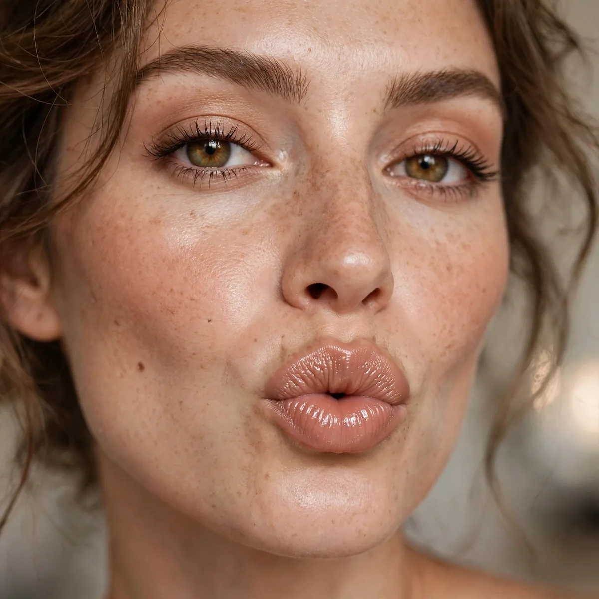 Glossy nude lip pout