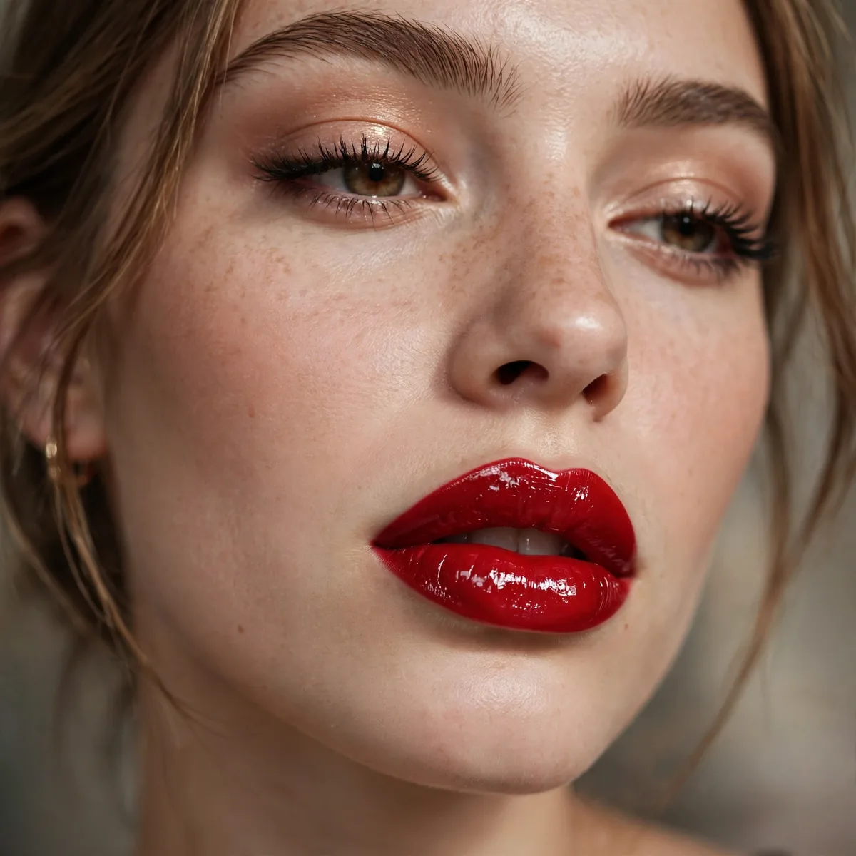 Red glossy lipstick dramatic
