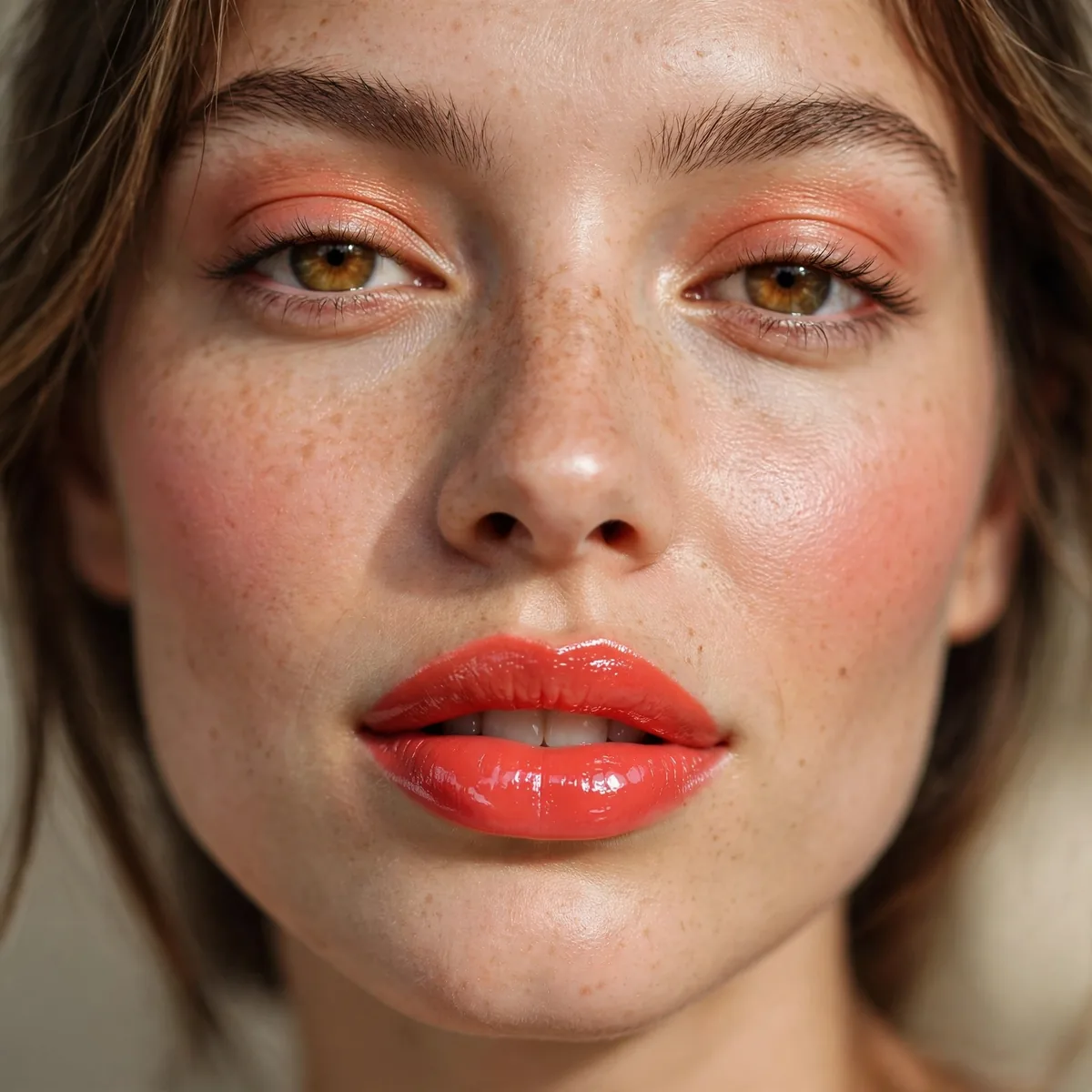 Coral gloss energetic lip look