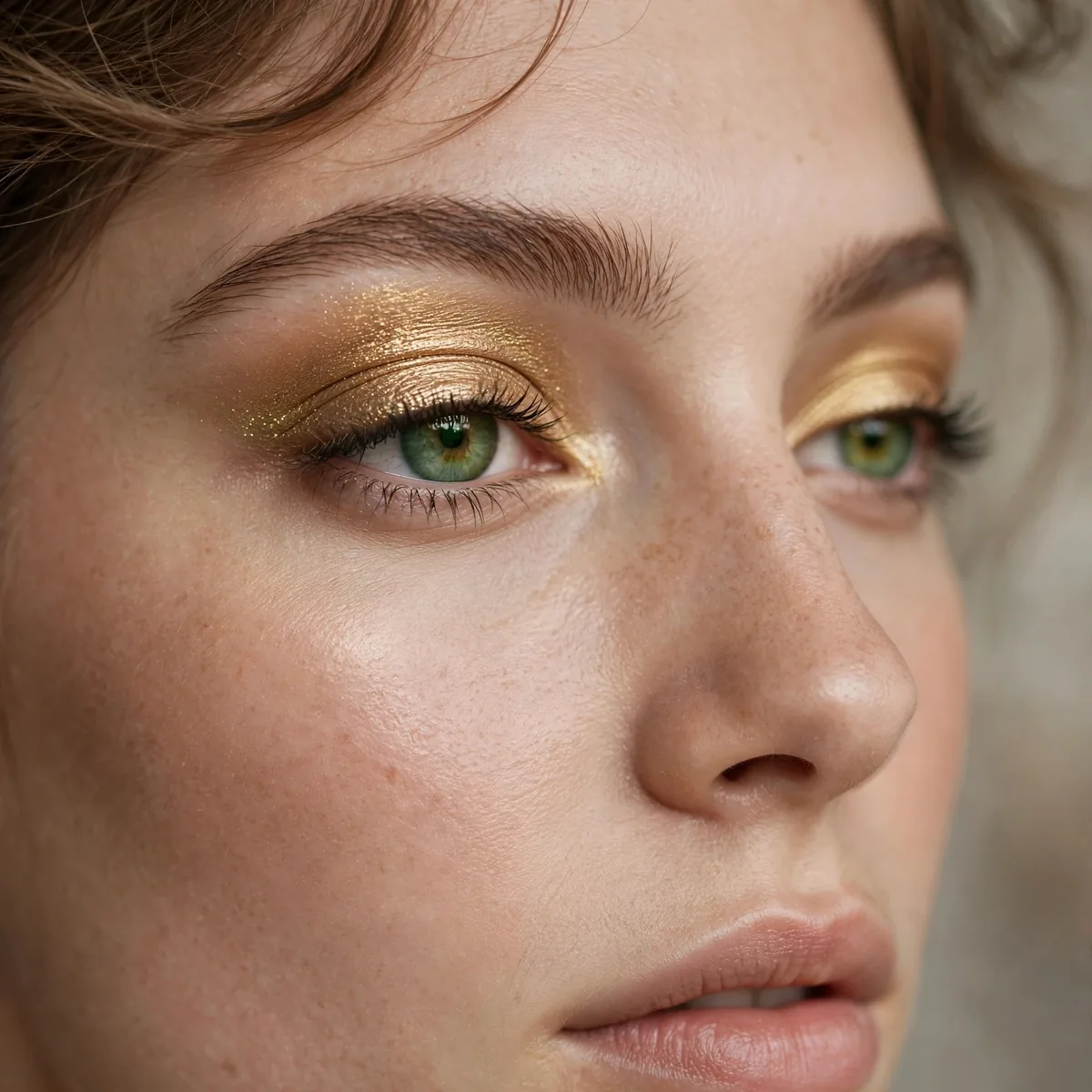True gold eyeshadow lid on green eyes