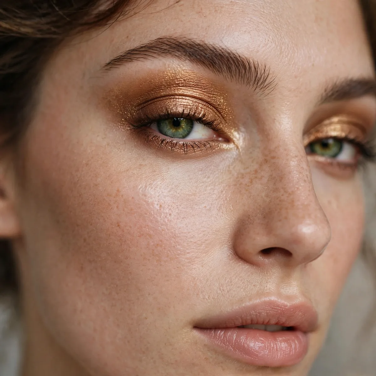 Bronze gold eyeshadow on green eyes