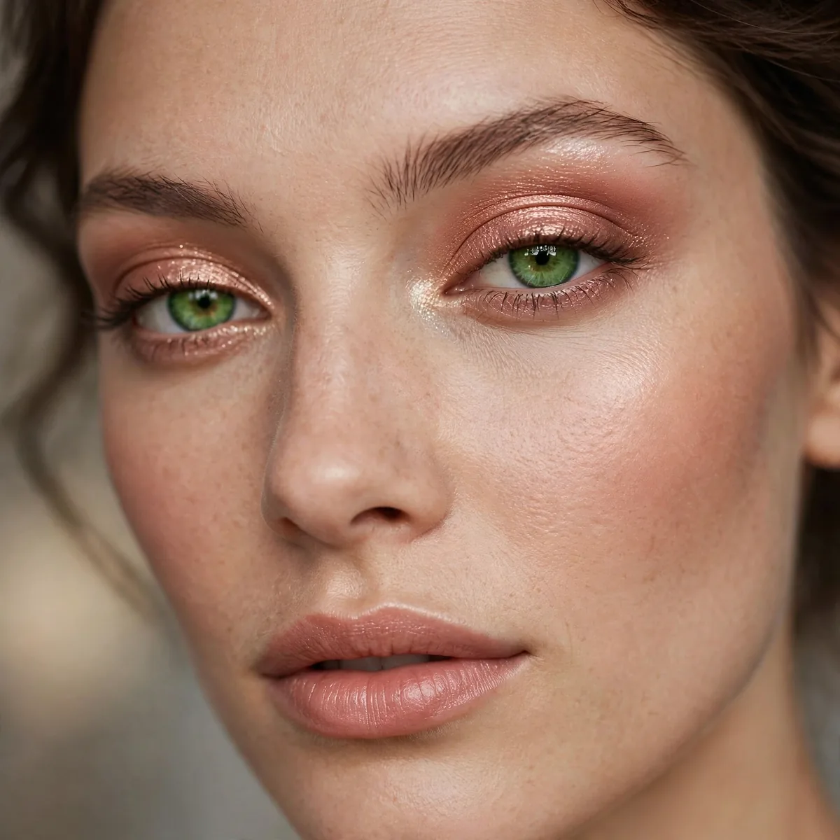 Rose gold eyeshadow on green eyes