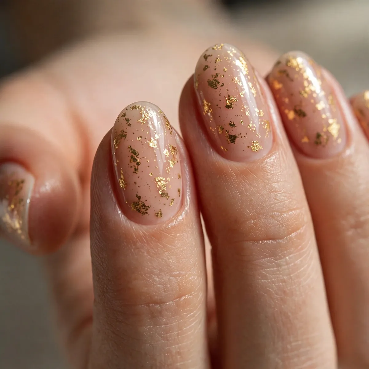 Gold flakes on nude nail polish