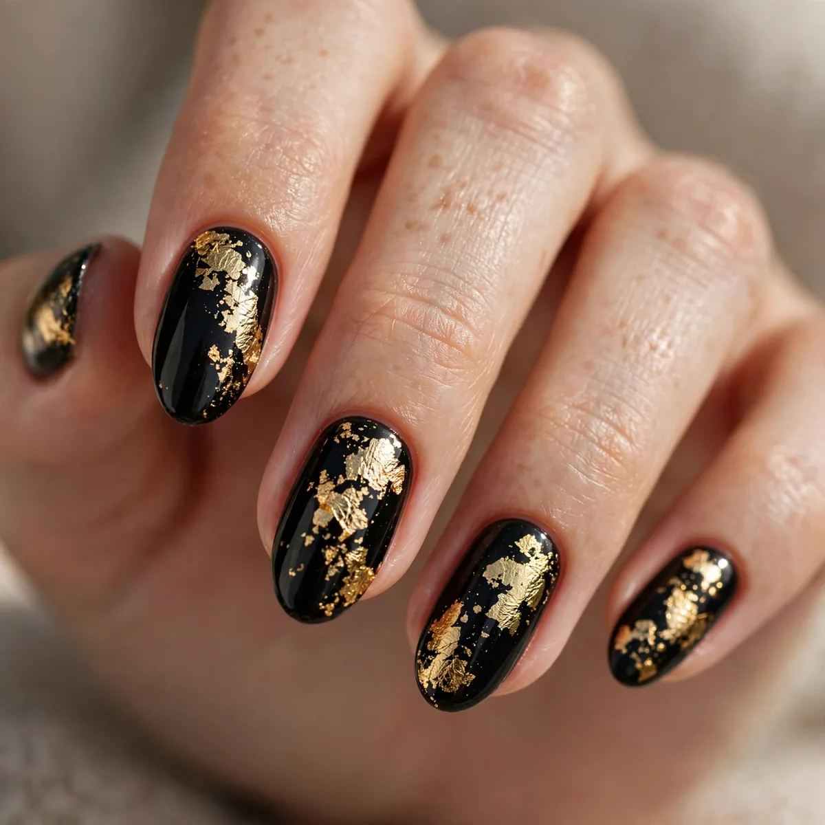 Gold foil on black nails
