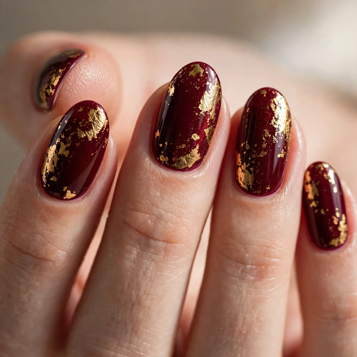 Gold foil on burgundy nails