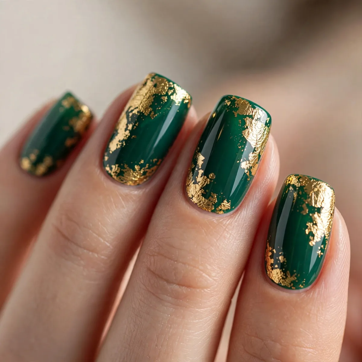 Gold foil on emerald green nails
