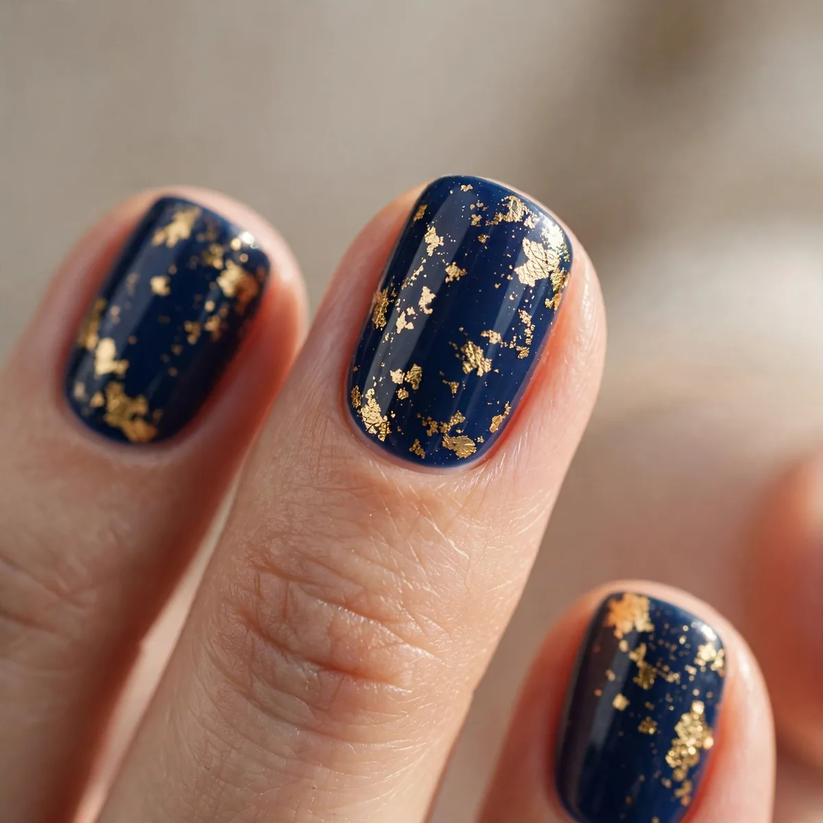 Gold foil flakes on navy nails