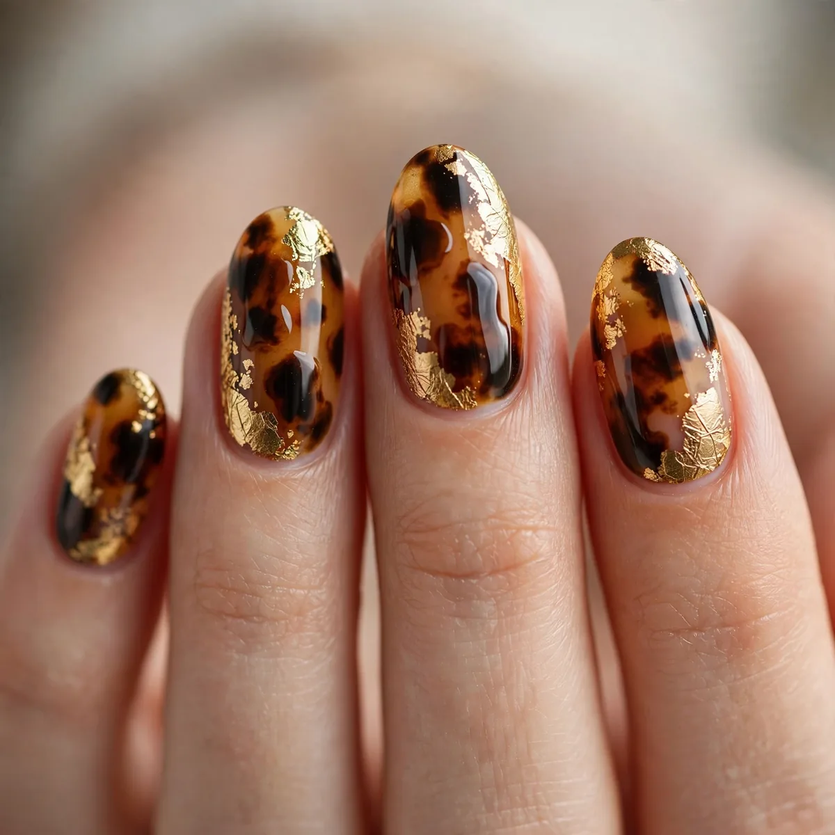 Gold foil in tortoiseshell nails