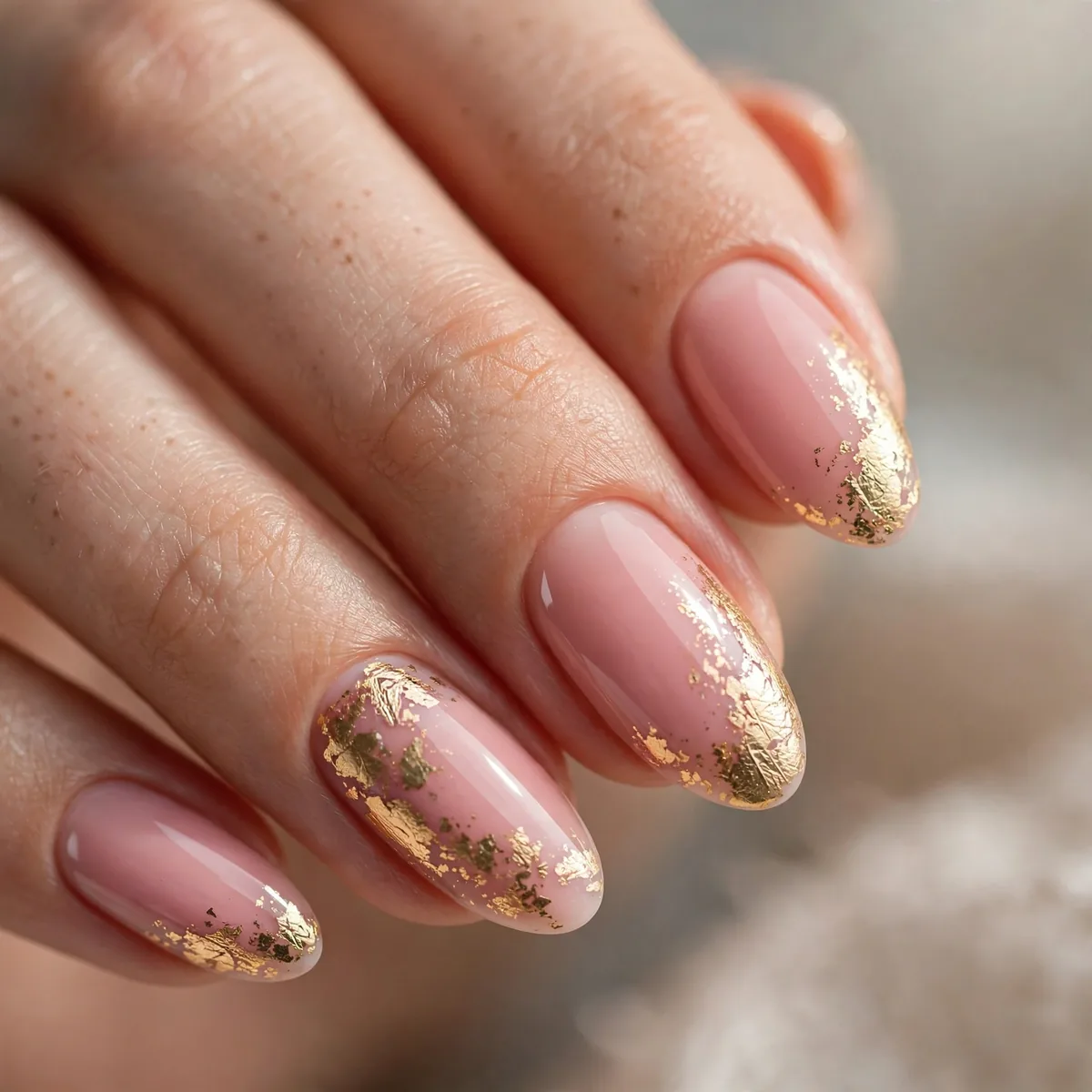 Gold foil on blush pink nails