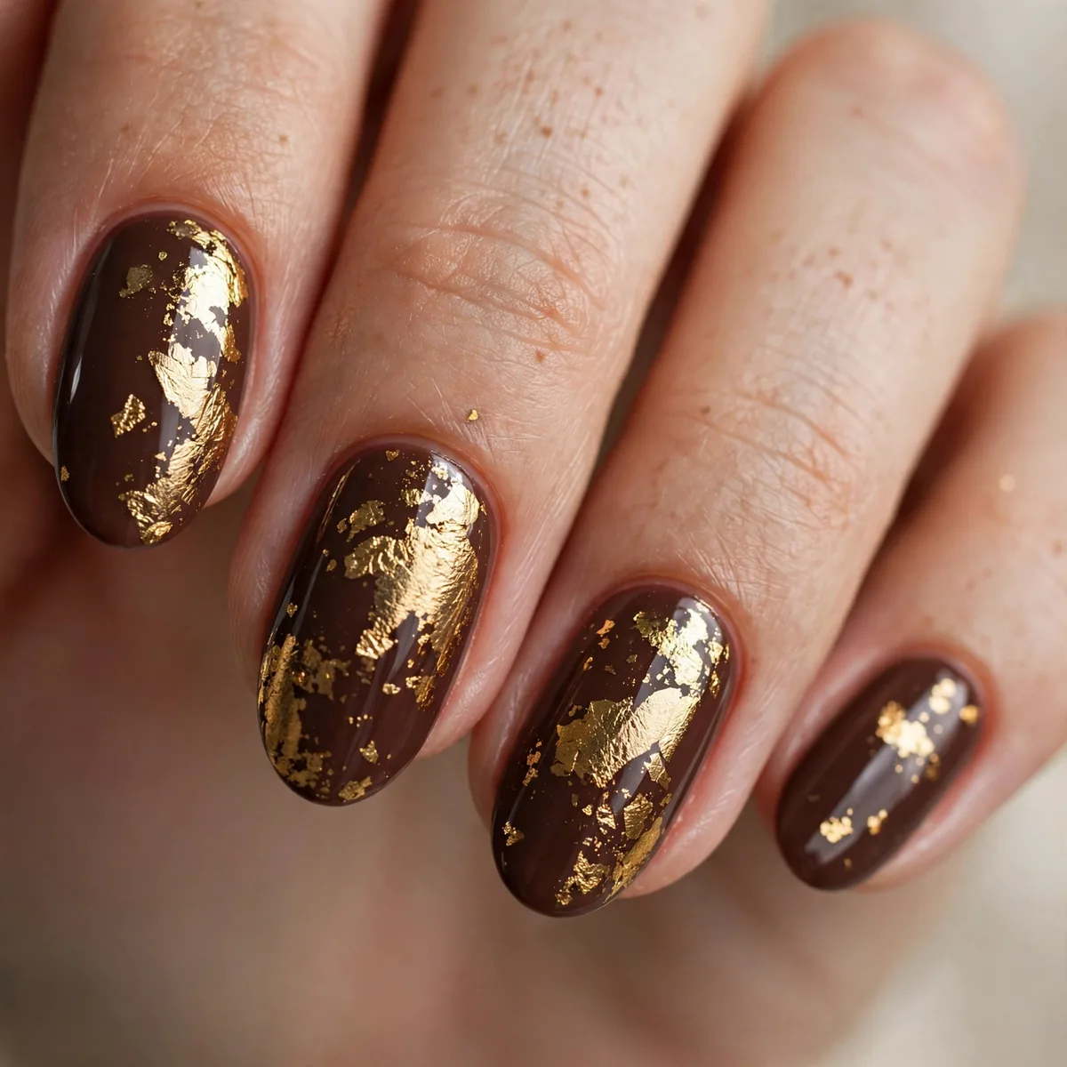Gold foil on chocolate brown nails