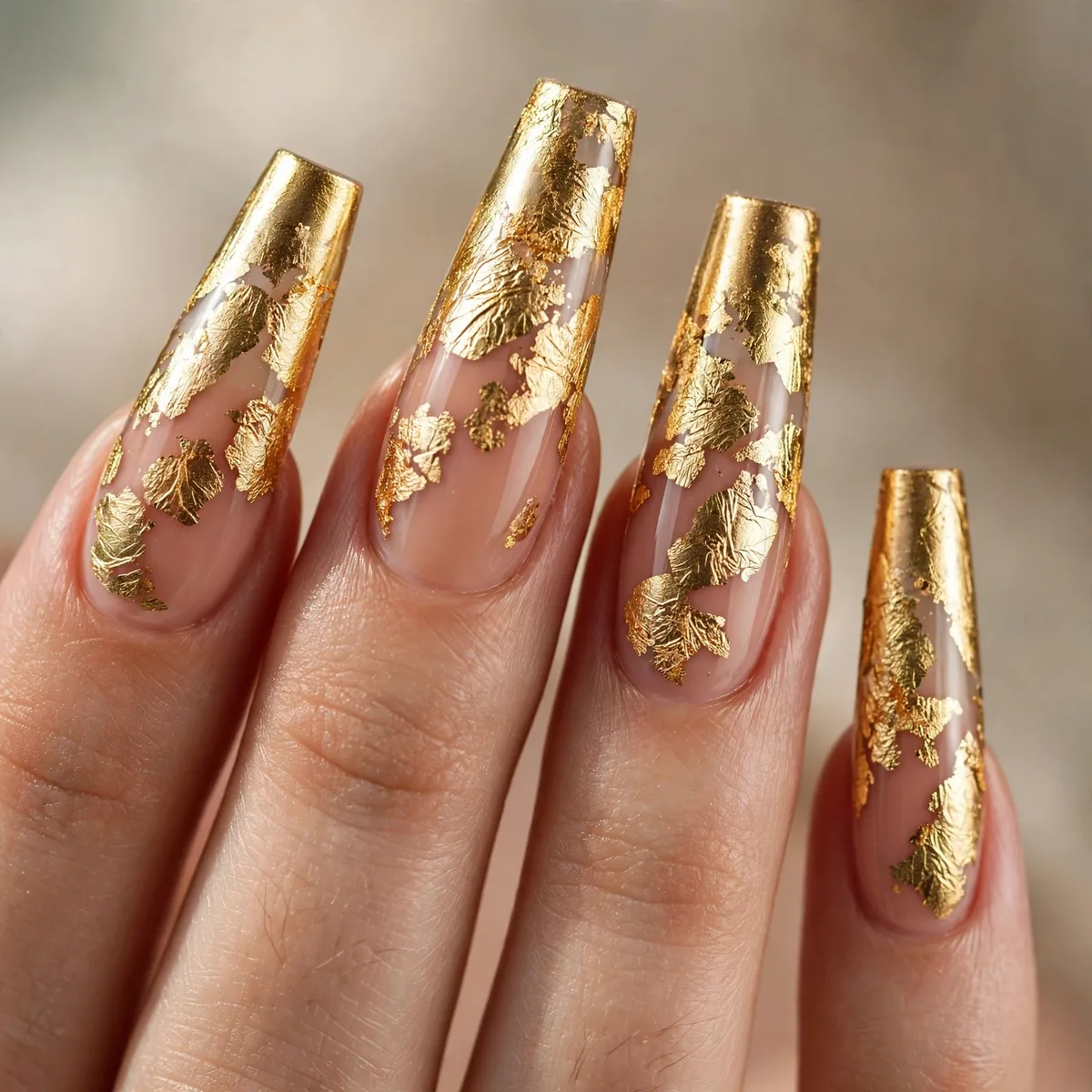 Gold foil on long coffin nails