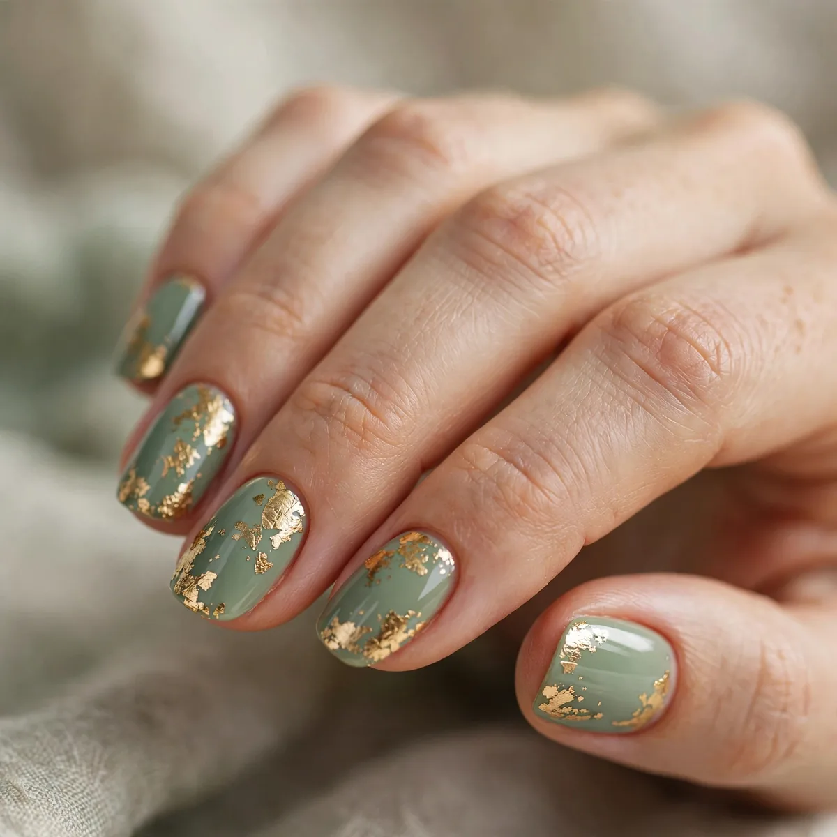 Gold foil on sage green nails