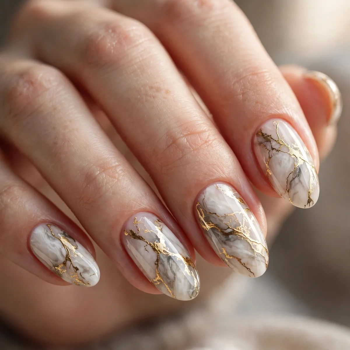 Gold veined marble nail art