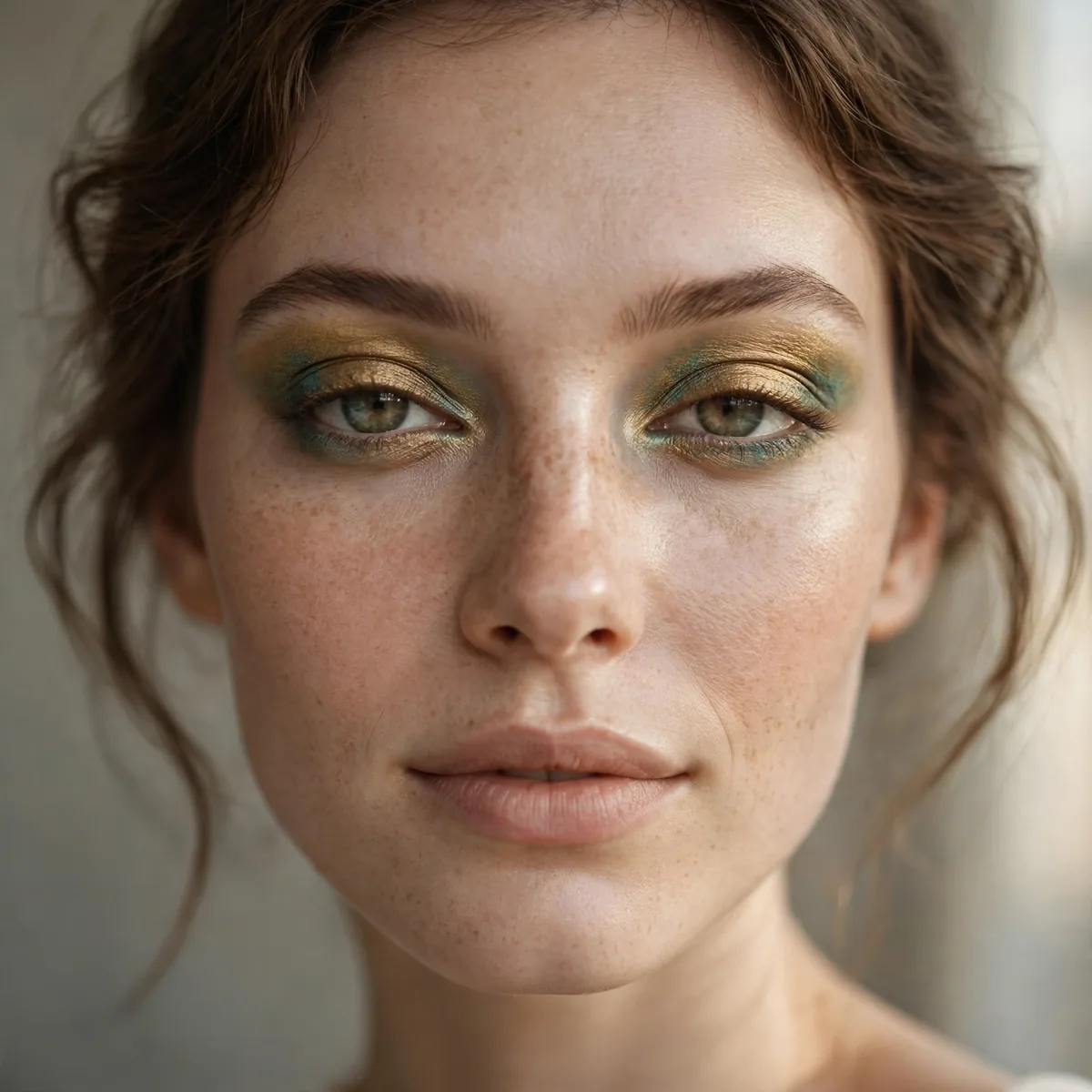 Woman with antique muted gold eyeshadow in vintage tones
