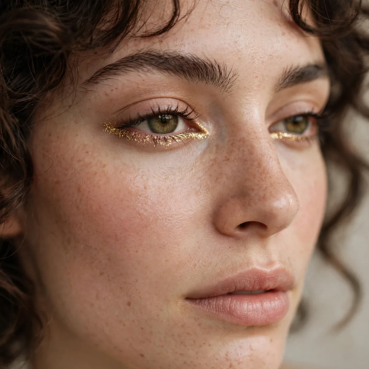 Woman with gold shimmer along the lower lash line