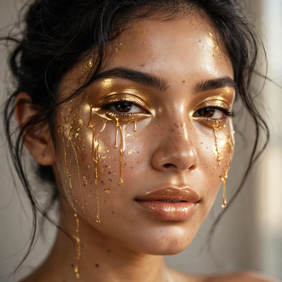 Woman with full liquid gold glam makeup and radiant skin
