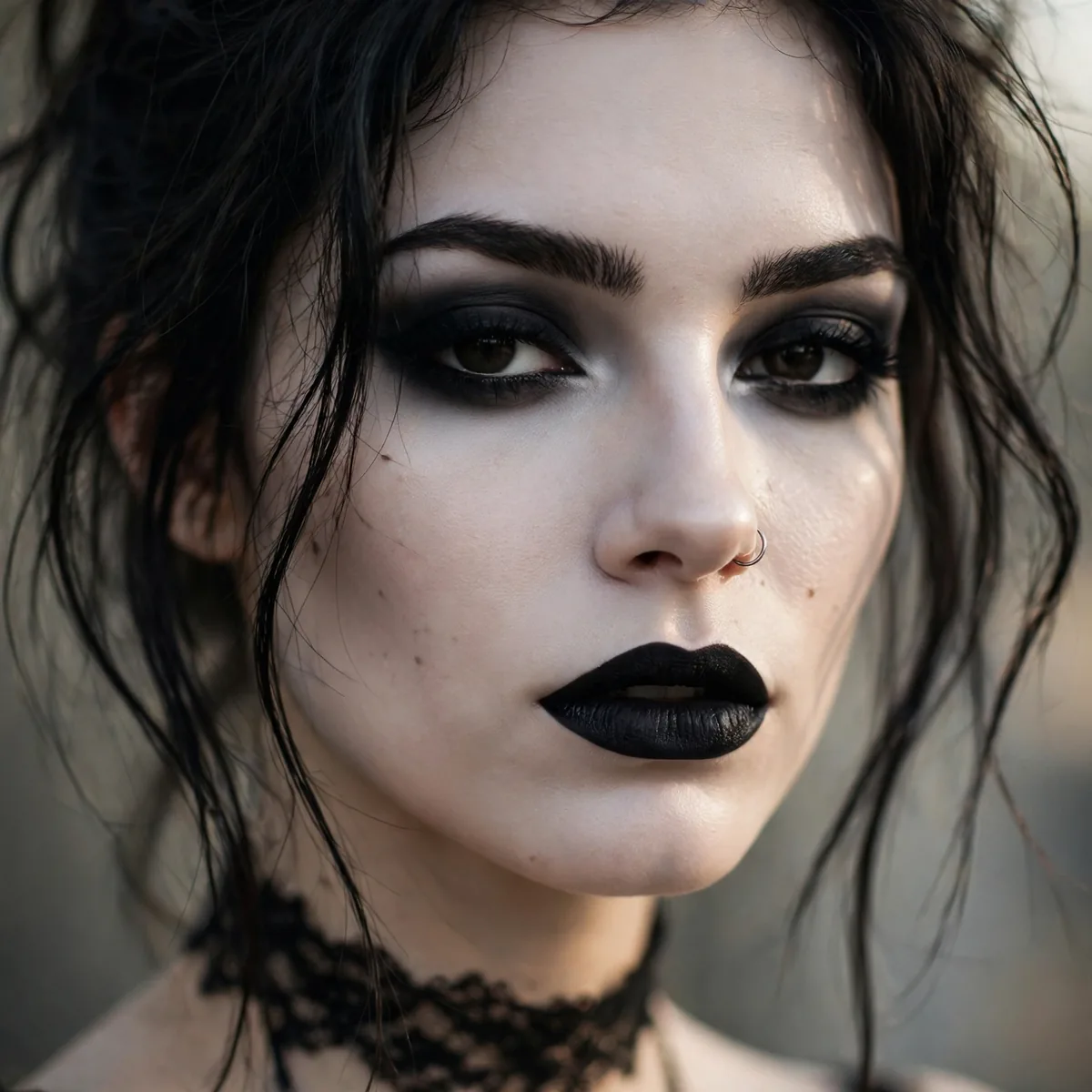 Woman with classic trad goth makeup, white foundation and black lips
