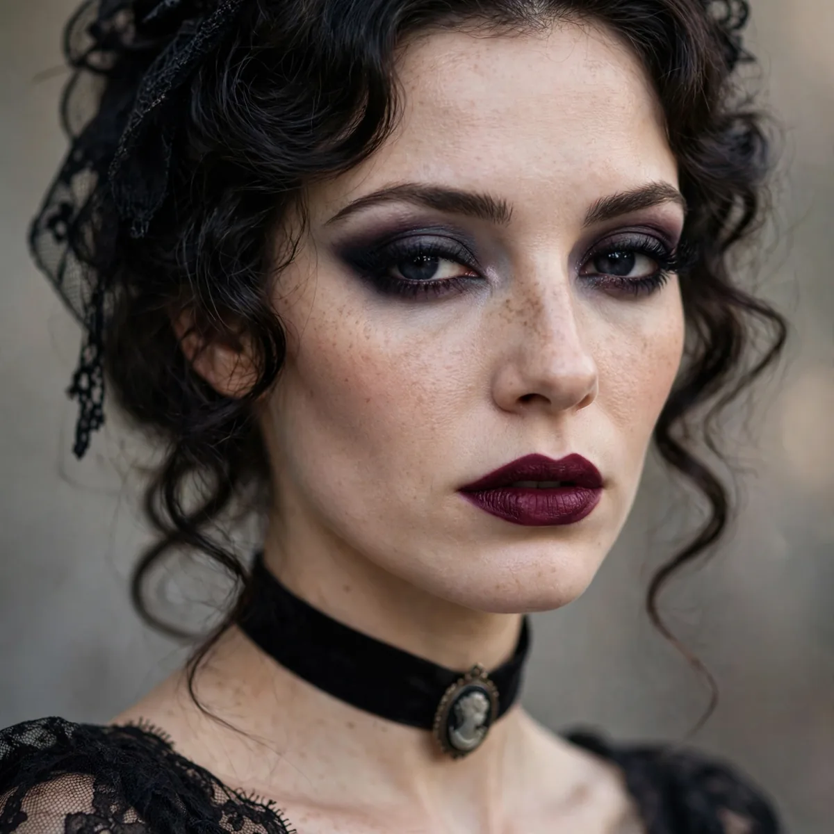 Woman with Victorian-inspired goth makeup and deep berry lips