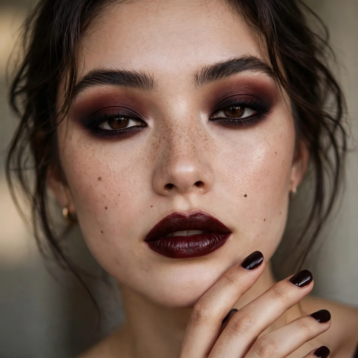 Woman with oxblood lips, oxblood eyeshadow and dark nails