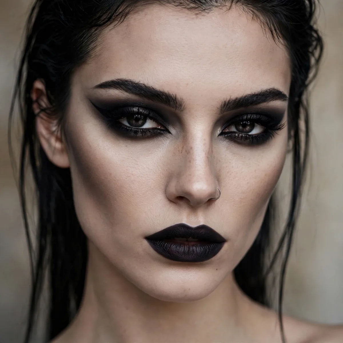 Woman with sharply contoured cheekbones and dark goth makeup