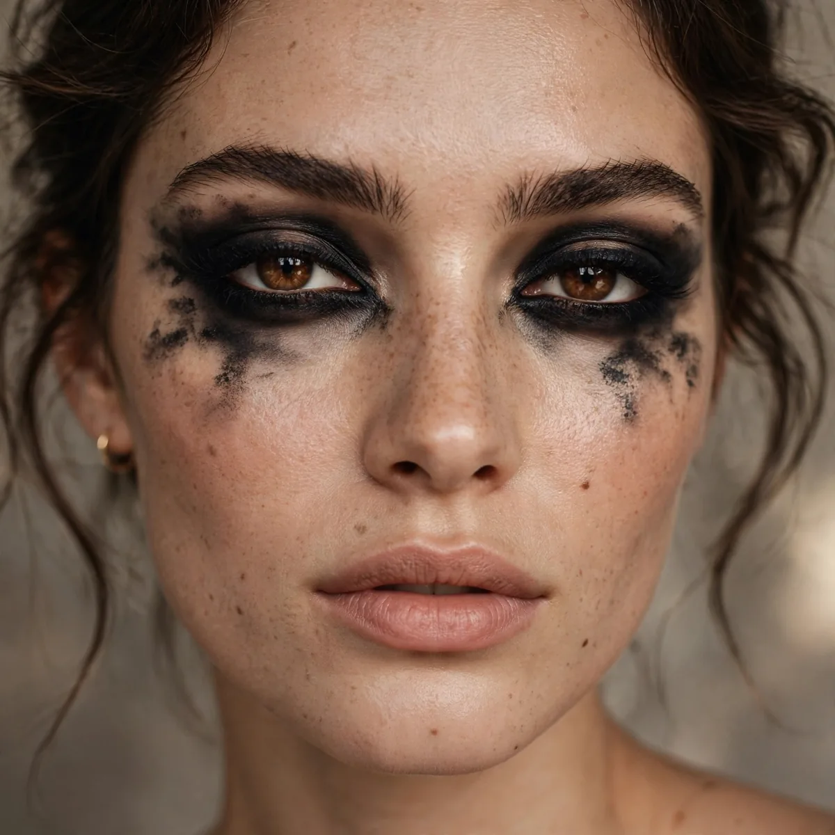 Woman with heavily smudged black kohl eyeliner