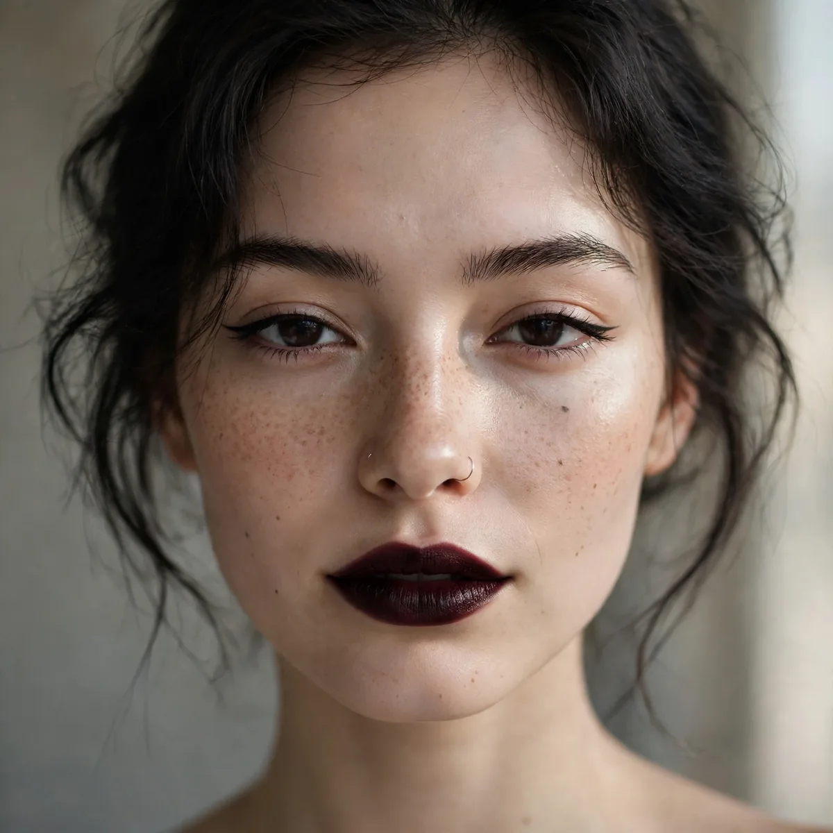 Woman with minimal nu-goth makeup, clean skin and dark lip