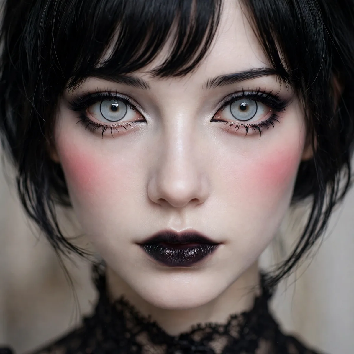 Woman with porcelain doll goth makeup, circle lenses and pink cheeks