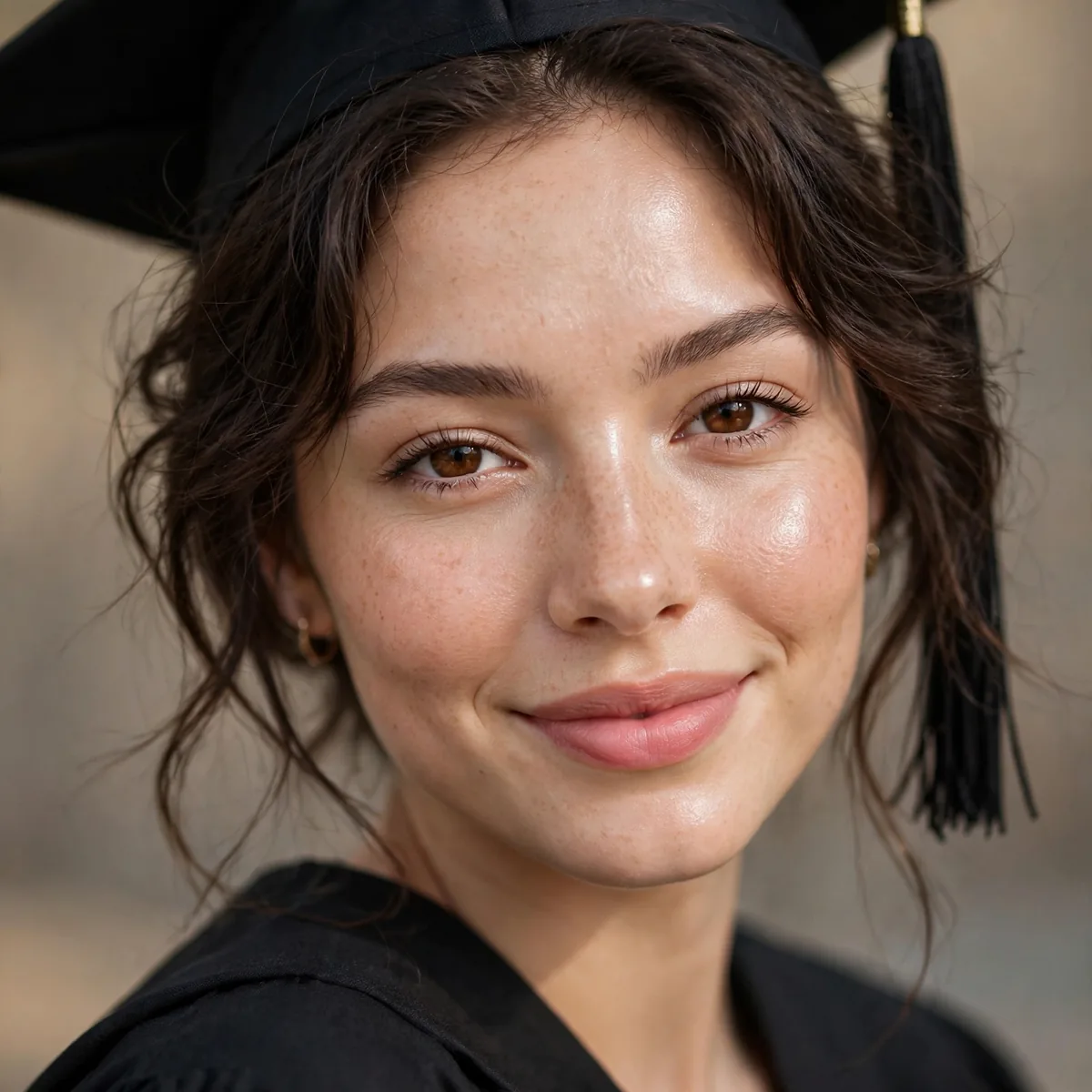 Graduate with fresh natural glowing makeup and soft pink lips