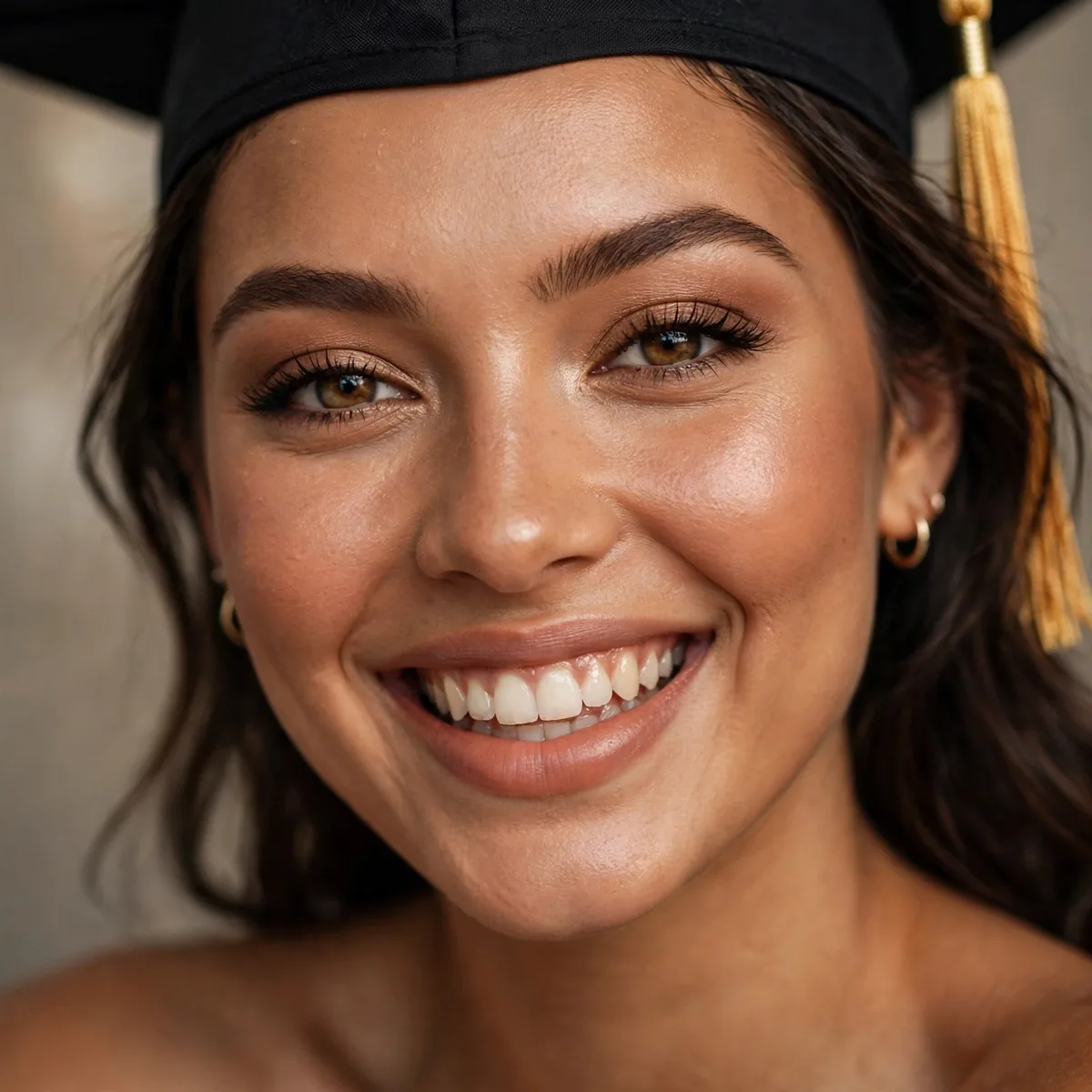 Graduate with bronzed beaming skin and warm neutral makeup