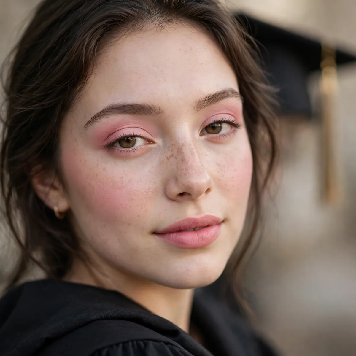 Graduate with soft pink monochrome makeup on eyes cheeks and lips