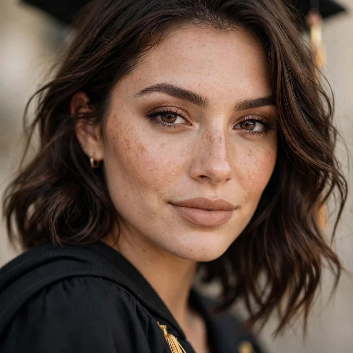 Graduate with a confident perfect nude lip and polished makeup